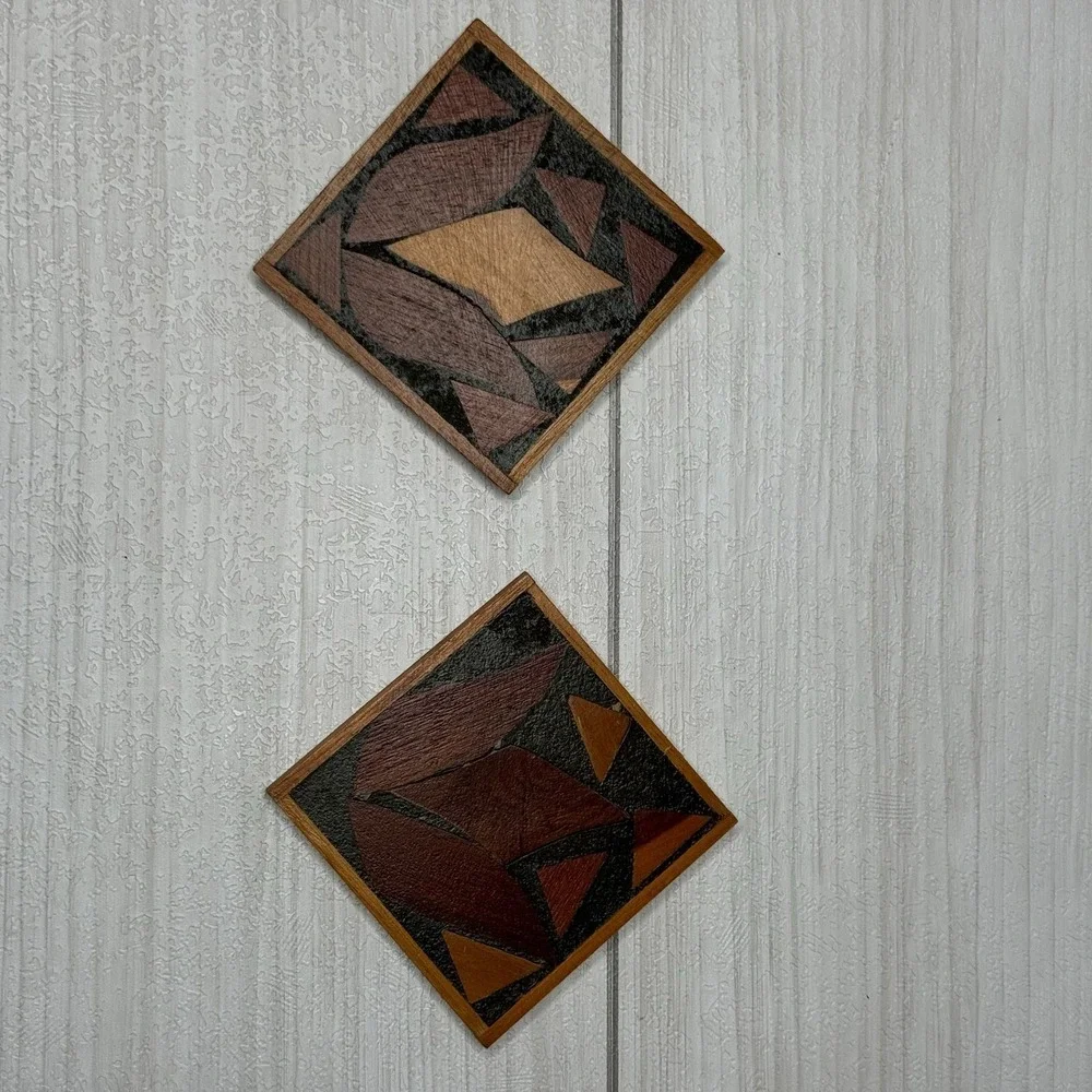 Vintage Wooden Mosaic Coasters Set of 2 Geometric Inlay Wood Decor Home Accent